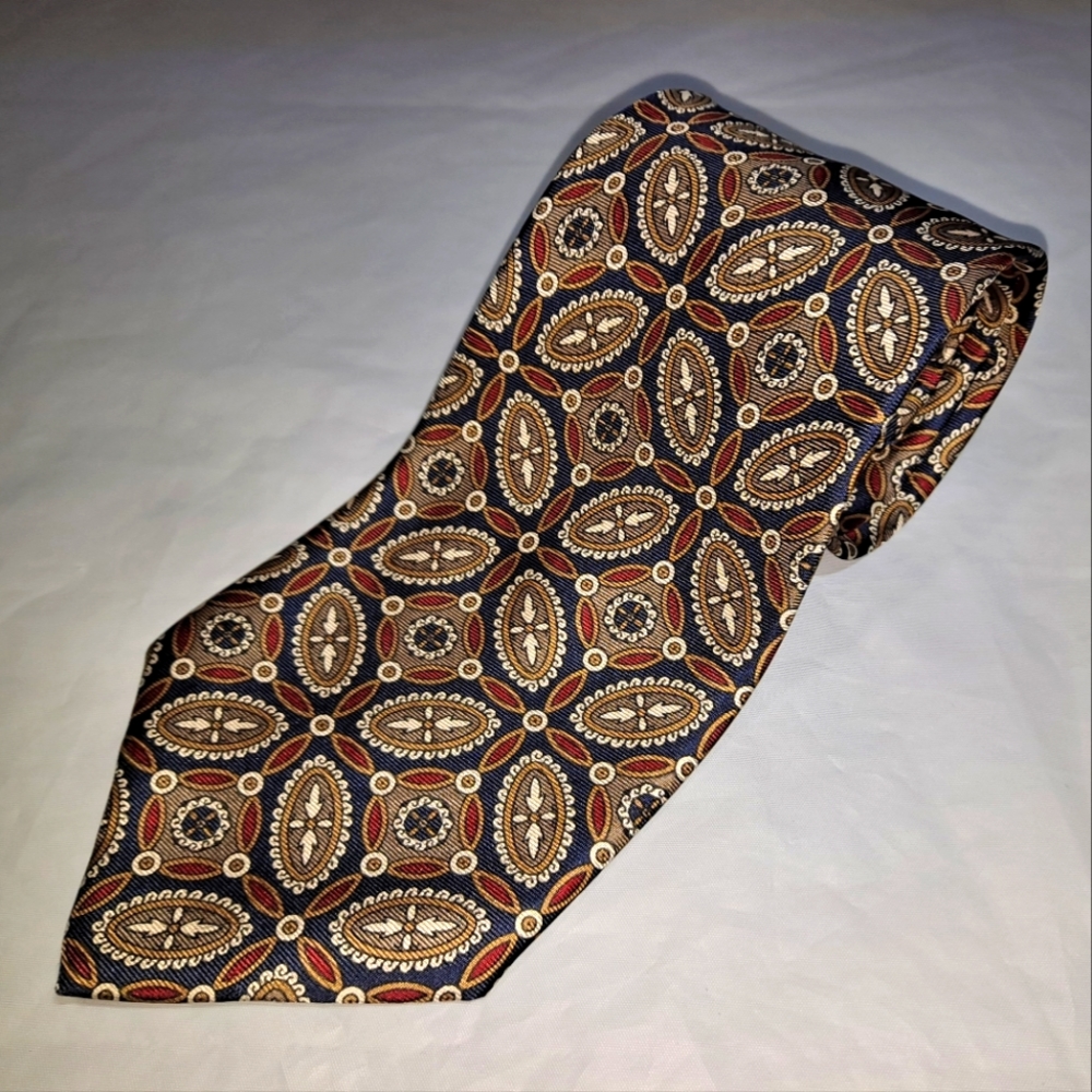 Vintage Isaco 💯 Silk Men's Necktie 57-60" x 3.5" Gold/Black/Burgundy Geometric